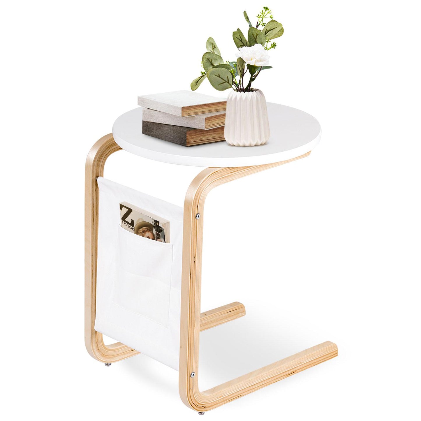 Giantex End Table, Sofa Side Table w/Storage Bag, Round Tabletop & Wood Couch Snack, Accent C Table Nightstand for Living Room, Bedroom, 1