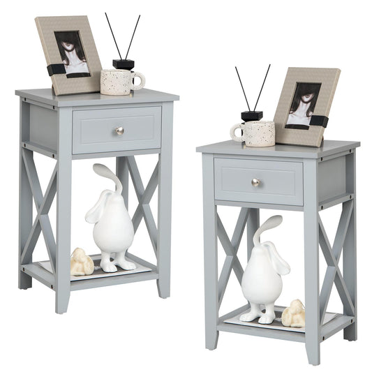 Giantex Set of 2 X-Design Nightstand, Bedside Table w/Drawer & Storage Shelf, Versatile Sofa Table End Table